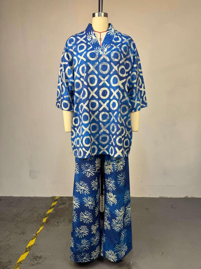 European & American Women's Summer 2026 Sweet Floral V-Neck Batwing Sleeve Top & High Waist Straight Leg Pants Set