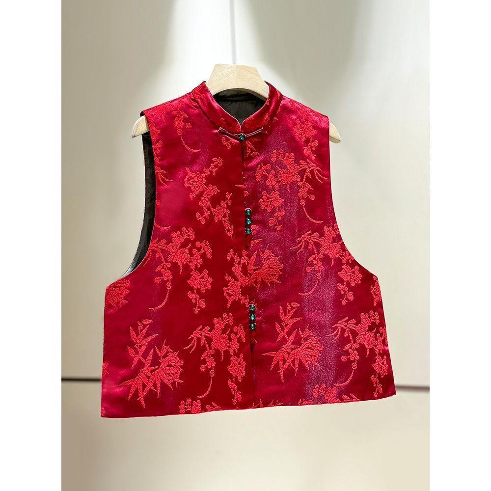 Zhang Velvet Jacquard New Year's Red Vest Women's 2025 Spring New Stand-up Collar Retro Buckle Vest
