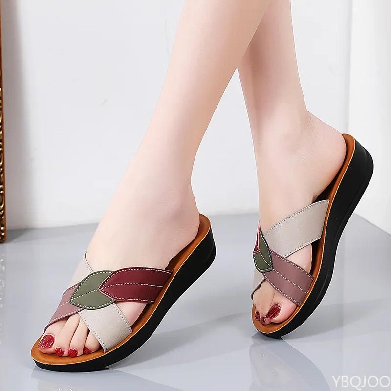 Fashion Slippers Women Leather Shoes Wedges Open Toe Casual Anti Slippery Slides Fashion Outside Beach Leaf Shaped Sandals 43 Sizes