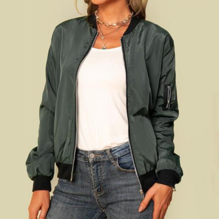 Women Loose Cardigan Coat Daily Lady Solid Color Zip-up Stand Collar Elastic Cuff Hem