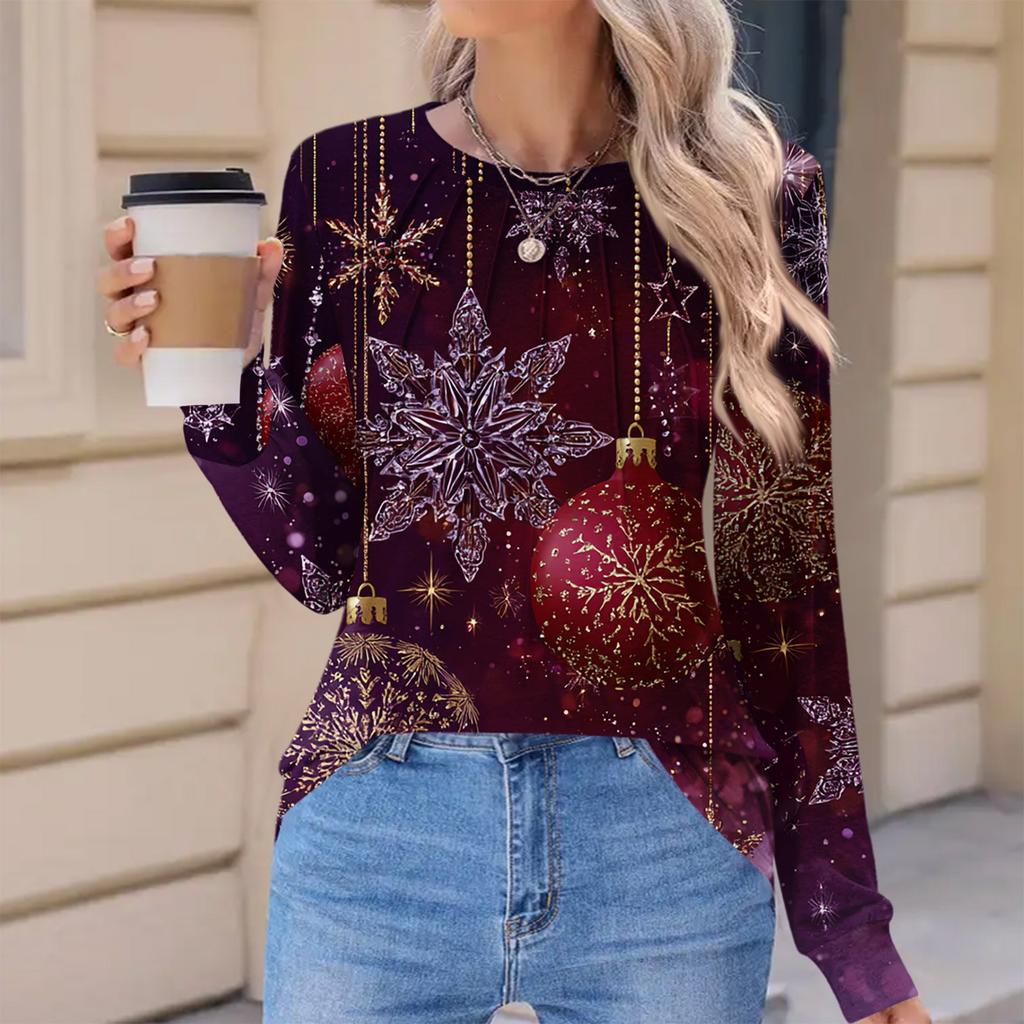Women's Fashionable Casual Christmas Printed Pleated Comfortable Round Neck Loose Long Sleeve T-Shirt Top
