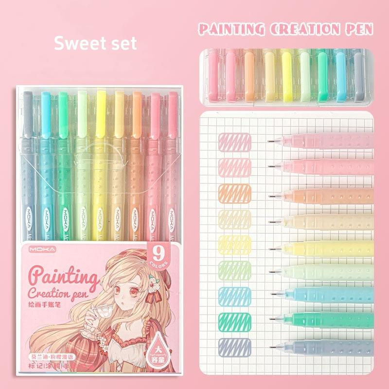 9pcs Romantic Multi Color Pens Set Gel Ink Vintage Marker Liner 0.5mm Ballpoint Stationery Gift