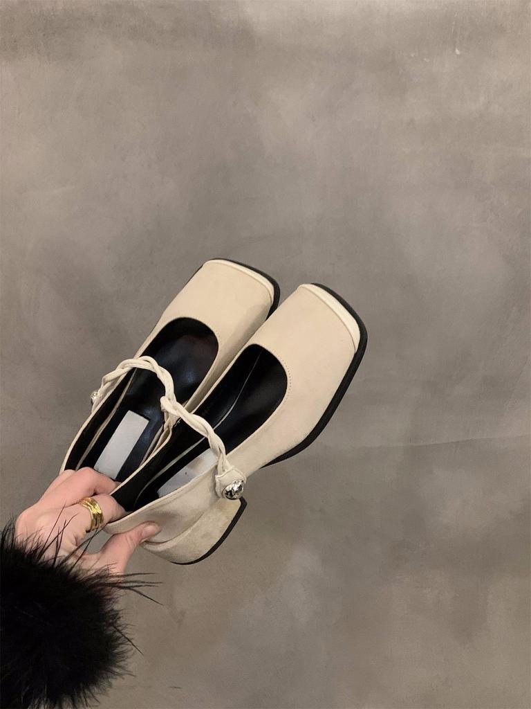 High heels black Mary Jane small leather shoes women's shoes spring autumn and winter retro square head French evening shoes