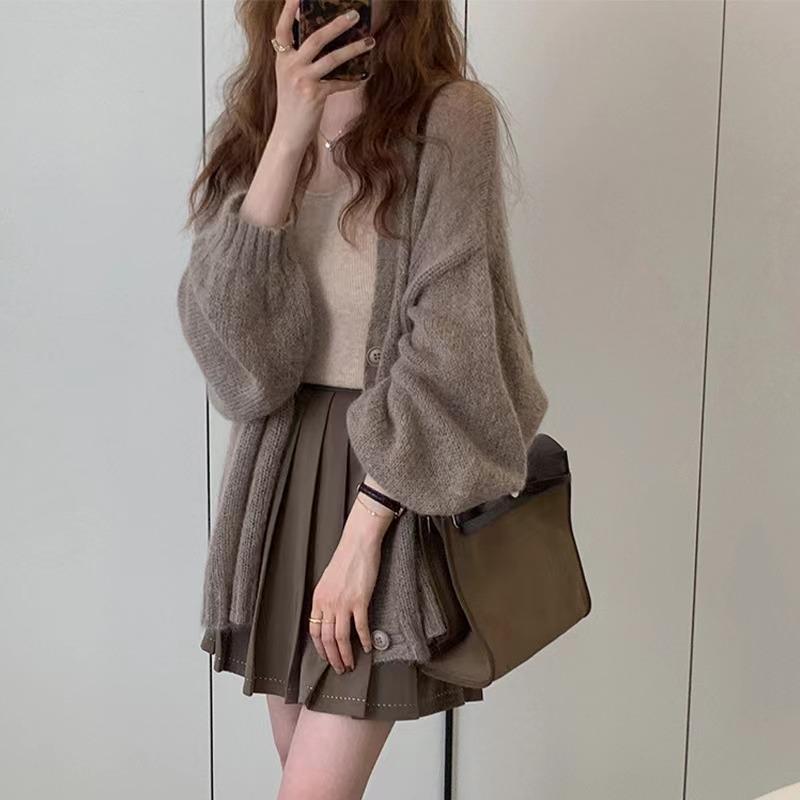 Fashion Lantern Long Sleeve Knitted Cardigan Jacket Women's Loose Elegant Medium and Long Sweater Thin Casual Simple Top Office Autumn Winter Clothing