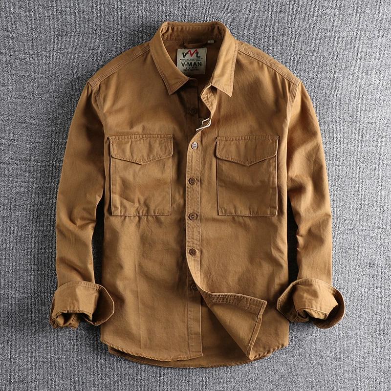 Jesenná Vintage Praná Jednofarebná Pracovná Košeľa s Pánskymi Trojrozmernými Vreckami, Trendy Voľná Bunda