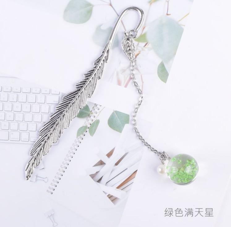 Alloy Feather Bookmark Dried Flowers Pendant Book Marker Teacher Gift Student Stationery School Office Supply Escolar Papelaria