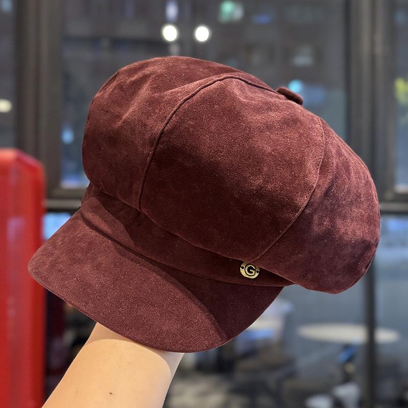 Herbst und Winter Neue Wildleder Achteckige Baskenmütze Damen Japanisch Vielseitig Retro Großer Kopfumfang Gesicht Zeigend Kleiner Malerhut