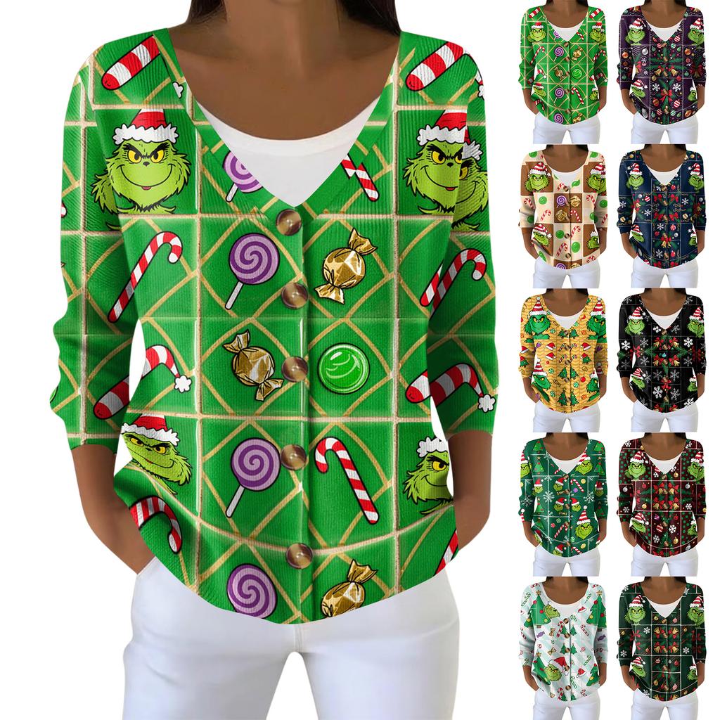 Women's Fashion Long Sleeve Christmas Snowman Snowflake Print Jacket Cardigan
