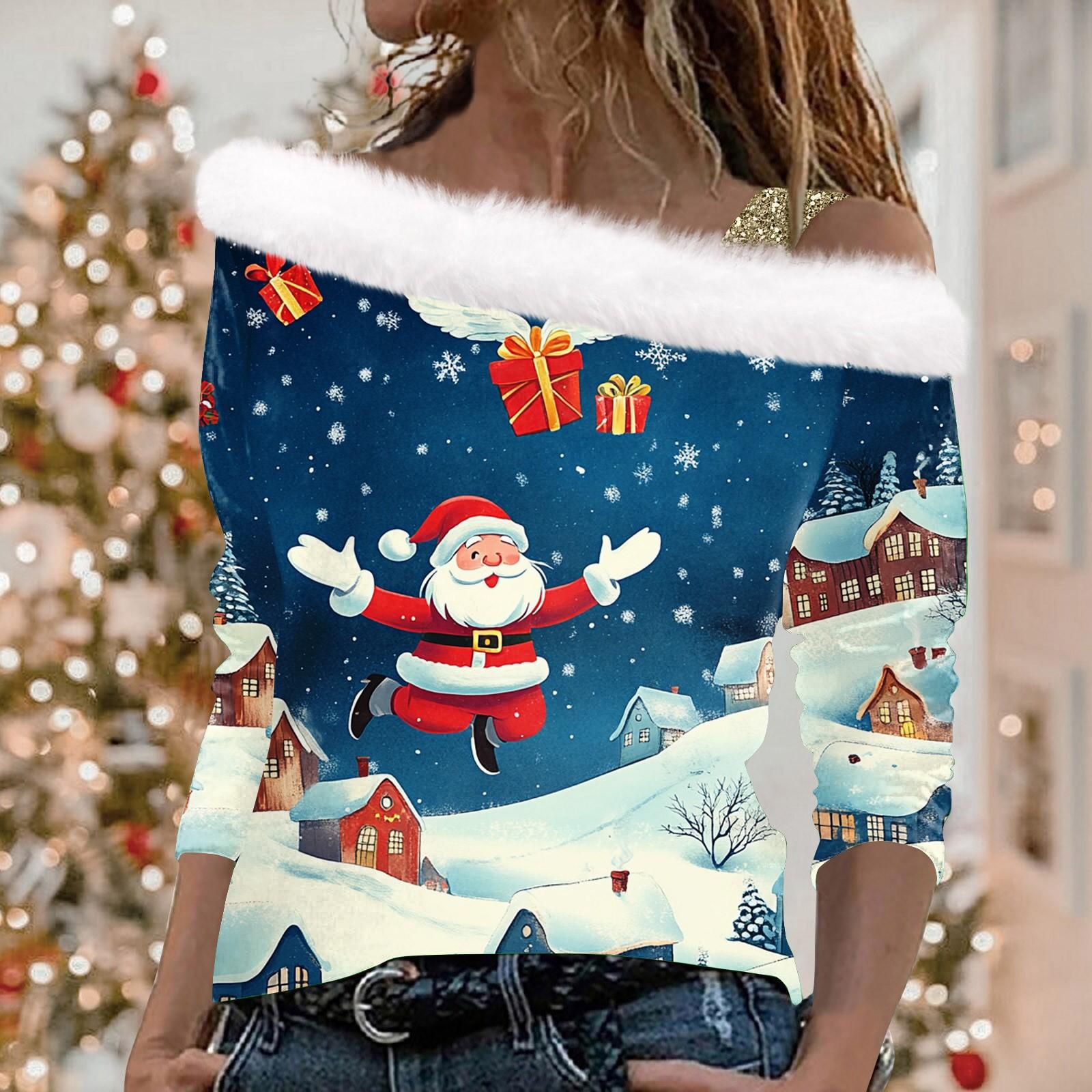 Женский повседневный модный топ с длинными рукавами и открытыми плечами с рождественским — фото 7