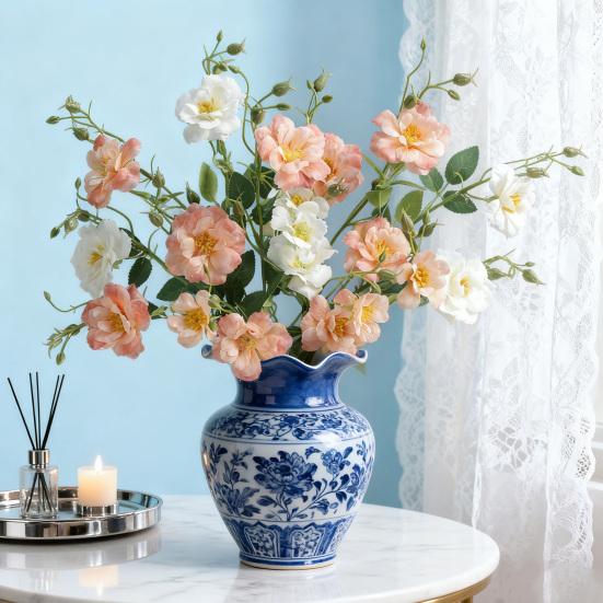 Artificial Chinese Rose Flower with Leaves UV Resistant Fake Silk Flower Wedding Party Table Centerpiece Indoor Outdoor Faux Bloom Decoration