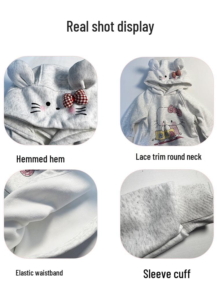 Çocuk Sonbahar/Kış 2025 Karikatür Fiyonklu Kapüşonlu Sweatshirt ve İspanyol Paça Pantolon Takımı