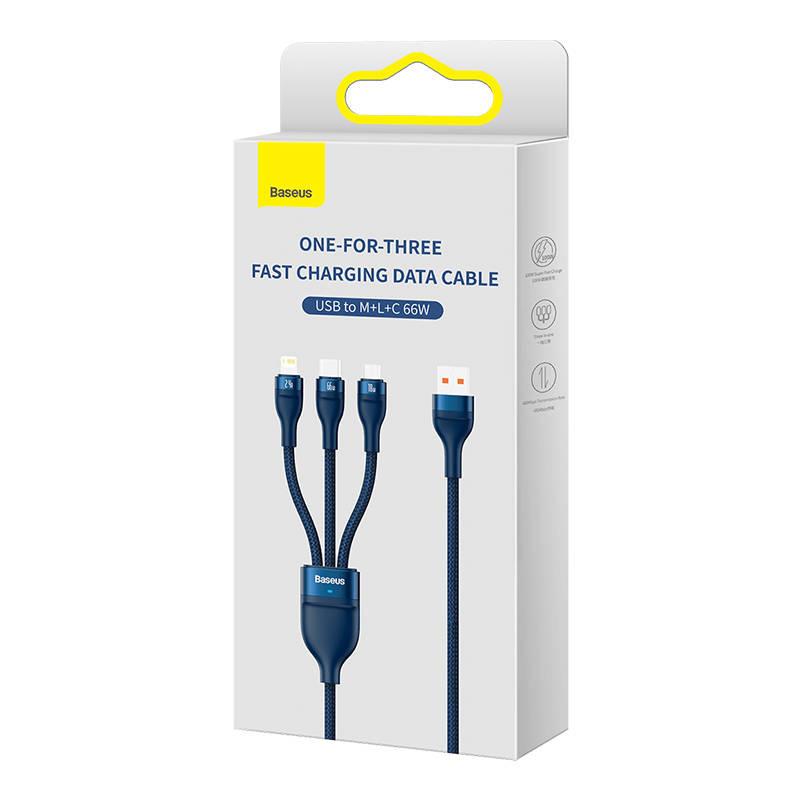 Kabel Usb 3W1 Baseus Flash Series, Usb-C + Micro Usb + Lightning, 66W, 1.2M (Niebieski)