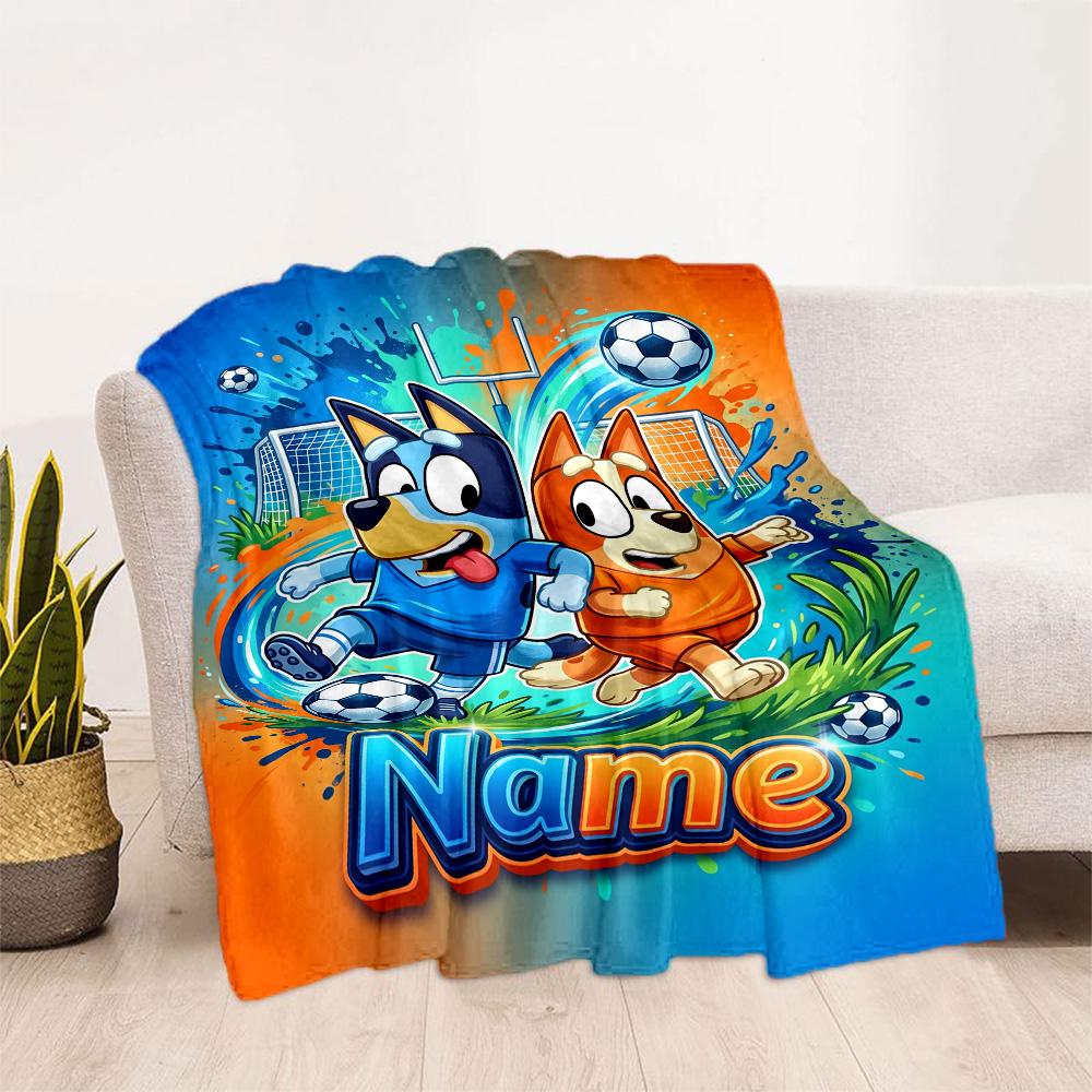 Bluey's Soccer Fun Personalized Name Blanket Cozy Customizable Blanket Ultra-Soft Versatile for Home Decor Chair Office Livingroom for All Occasions