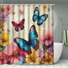 4 Pieces Vibrant Floral Shower Curtain Colorful Butterfly And Blooming Flowers Bathroom Suit Bath Mat Three Piece Set