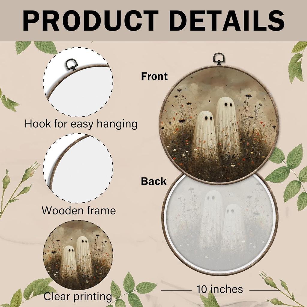 EGVQK Vintage Halloween Ghost Round Wall Art, Moody Wildflower Spooky Ghost Framed Canvas Prints Wall Art, Halloween Round Canvas Hanging Walls Decor