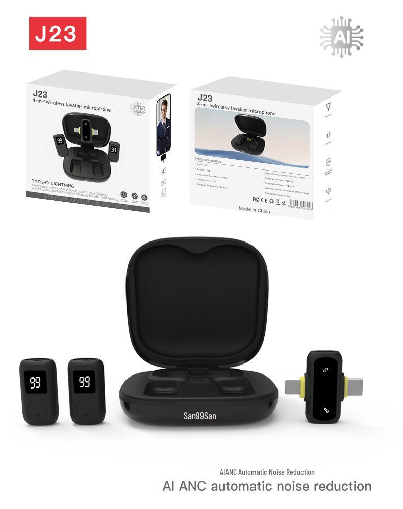 J33 Wireless Lavalier Microphone with Charging Case & AI Noise Reduction, Digital Display, Dual-Function Button.