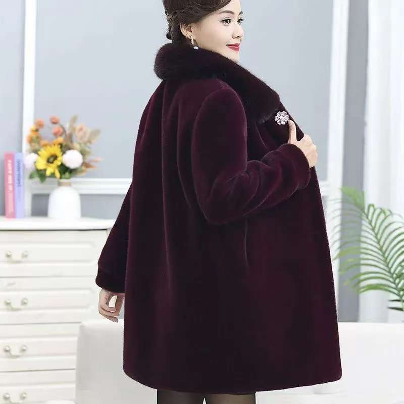 Winter Thickened Mink Velvet Coat Middle-Length Women's Outerwear Fur Collar Jacket Mid-Aged Ladies Fashion Outerwear
