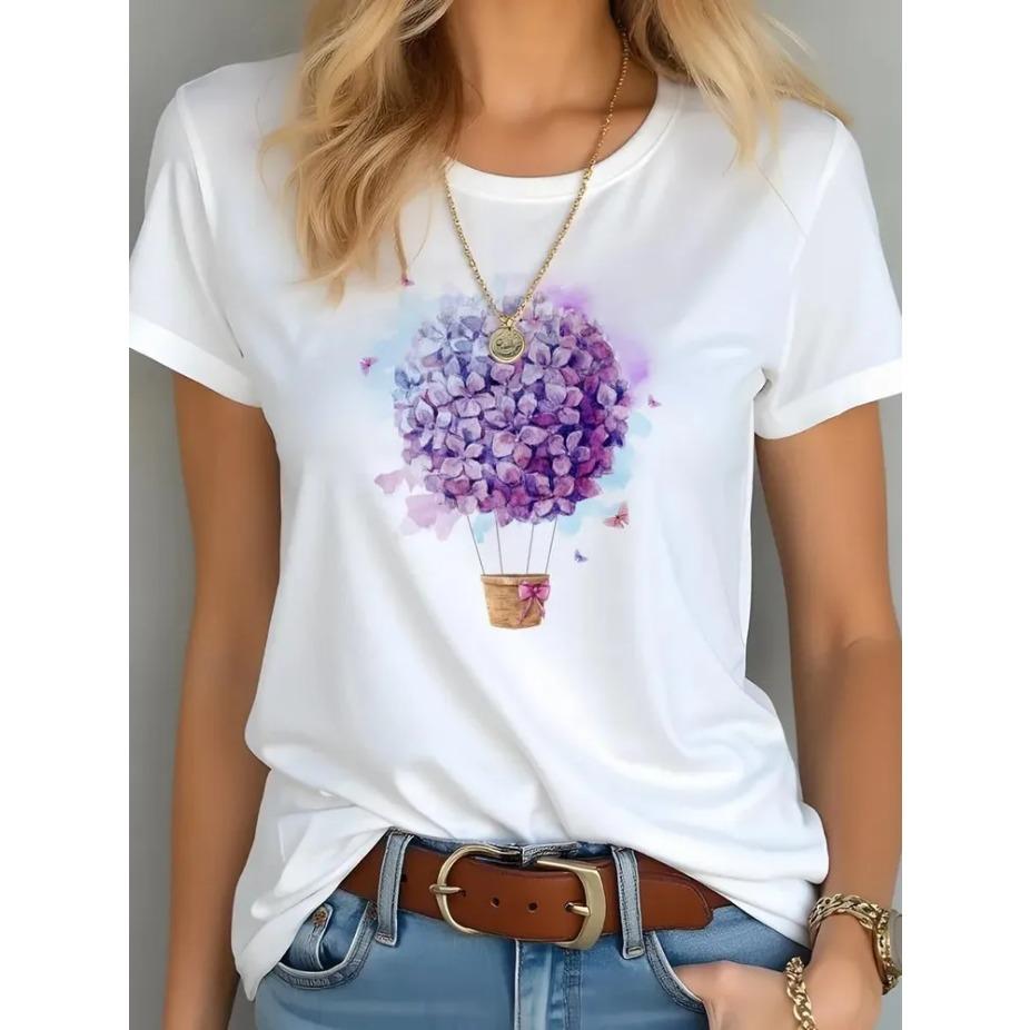 Women Cartoon Printed Short Sleeve O Neck T Shirt Cotton Summer Tees