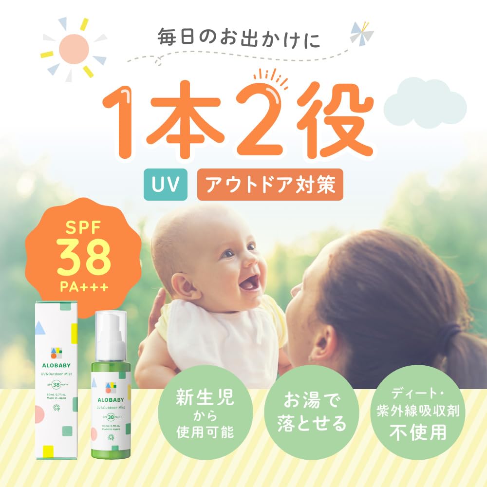 RN Alobaby UV Outdoor Mist Sunscreen Made in UV 1 [2026 Product] & SPF38⁺⁺⁺ - Japan, Additive-Free, DEET-Free, Absorber-Free, Baby-Friendly, Organic,