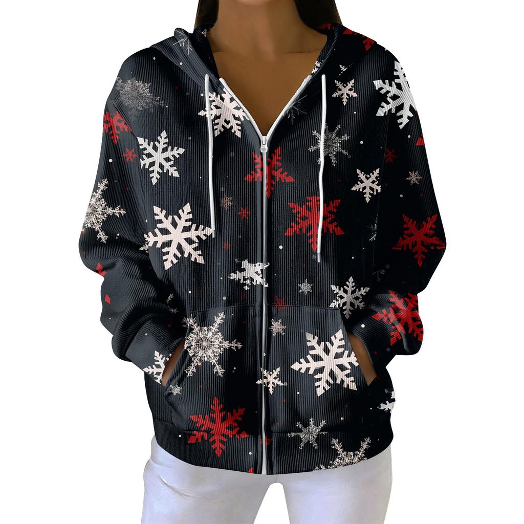 Women's Casual Fashion Long-Sleeved Zip-Up Christmas Print Knitted Hoodie