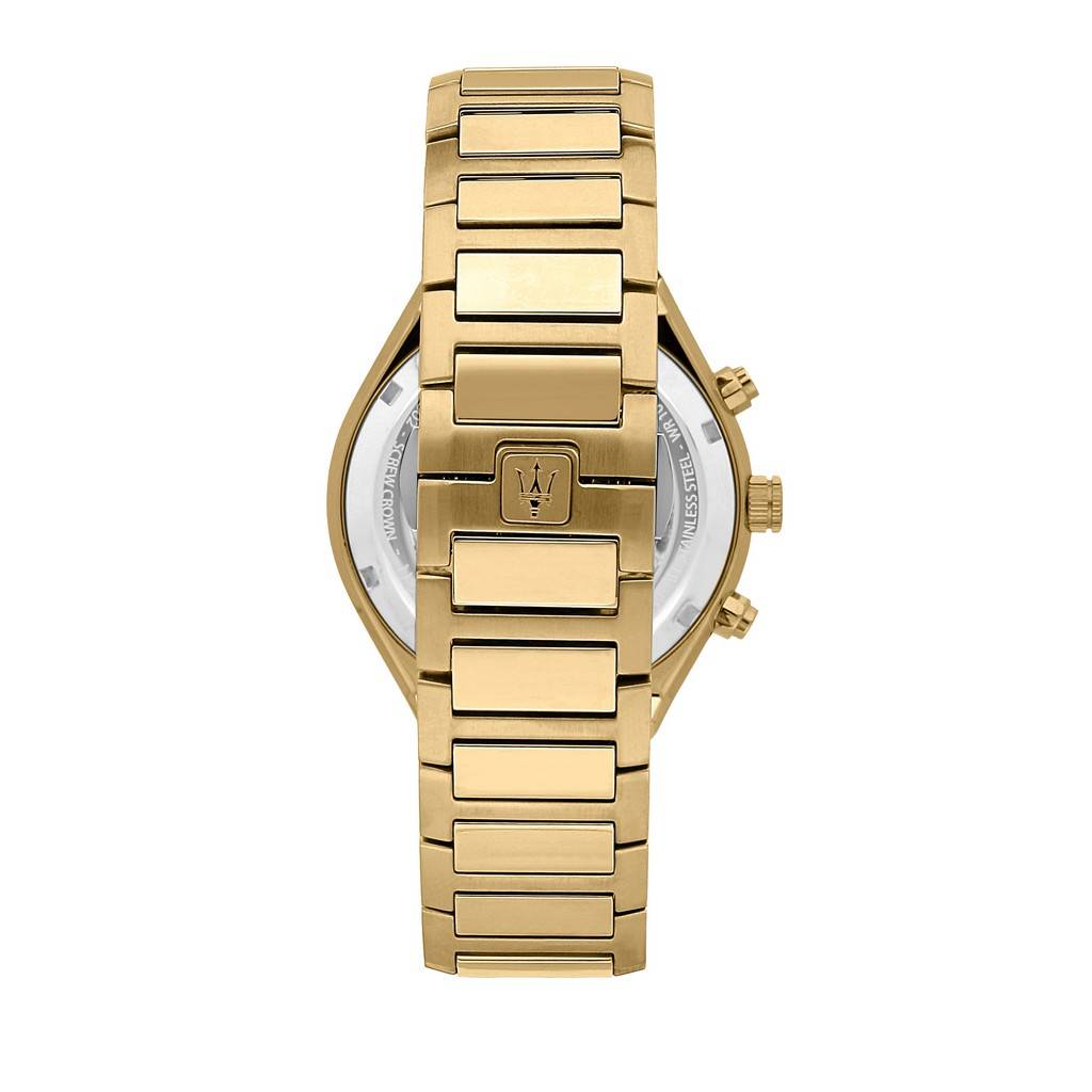 Maserati Stile Chronograph Goldfarben Edelstahl Schwarzes Zifferblatt Quarz R8873642001 100M Herrenuhr