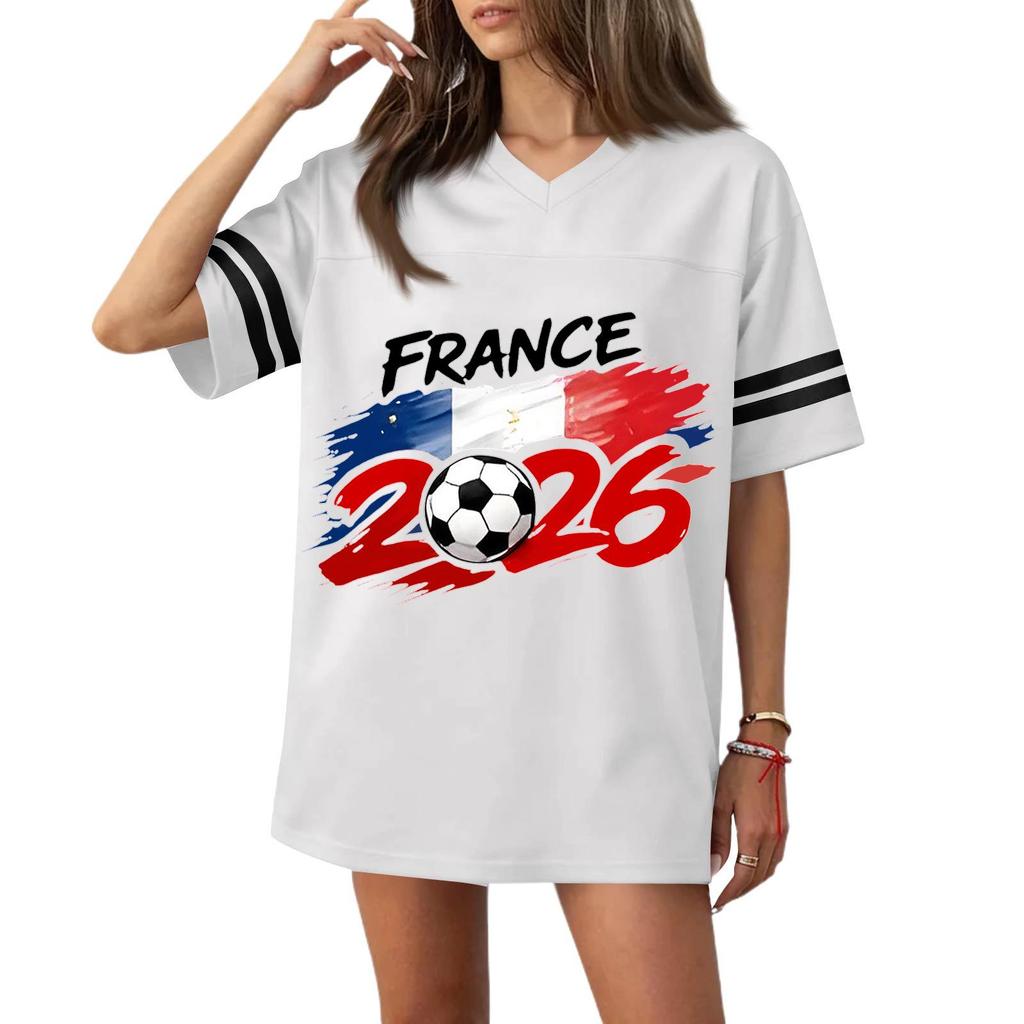 Women V Neck Casual Short Sleeve Sports T Shirt 2026 France Flag Print Loose Fit Football Jersey Top for Everyday Wear