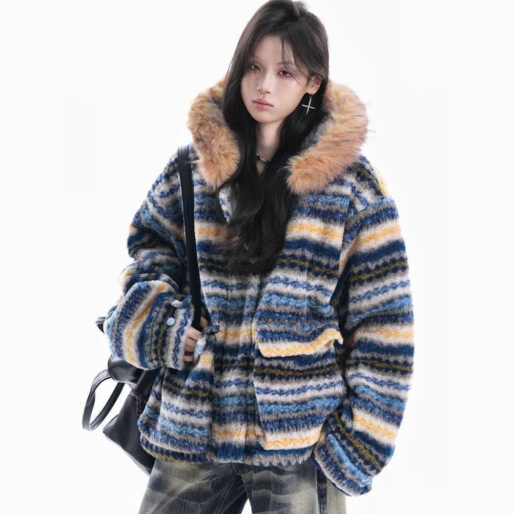 

Men s American-Style Striped Hooded Cotton Jacket - Warm, Thick, Trendy Winter Coat for Couples XXL синій