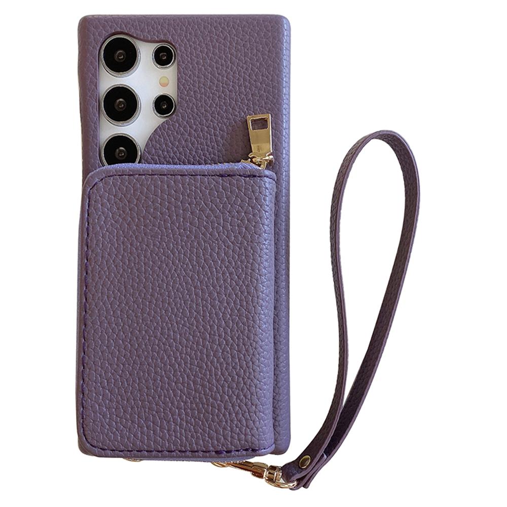 For Samsung Galaxy S23 Ultra Case Zipper Card Slots PU Leather Phone Back Cover with Wrist Strap