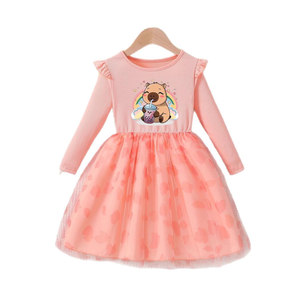 Girls' Adorable Capybara Long-Sleeve Dress Summer Children's Fashion Cartoon Puffy Princess Dress