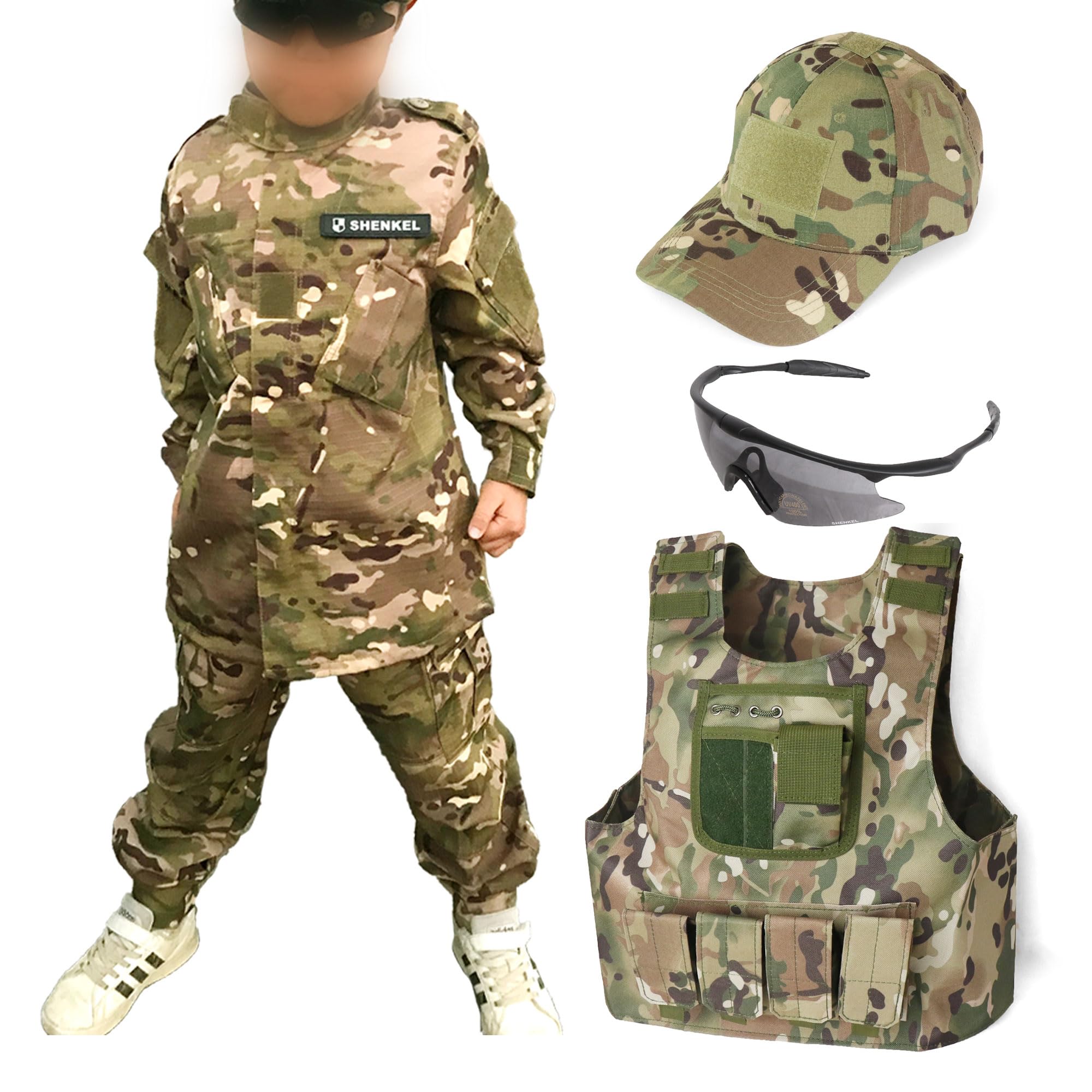 [SHENKEL] Kids Camouflage Clothing Set, 5 Pieces, Multicam, Size 130: Camouflage Top and Bottom, Baseball Cap, Vest, Shooting Glasses