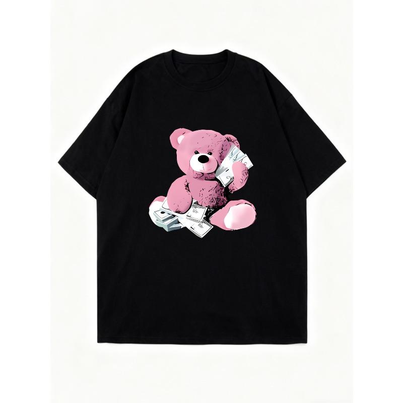 Vestito T-shirt Oversize Nero Rosa Orsetto con Stampa di Denaro Streetwear Casual Moda per Donne