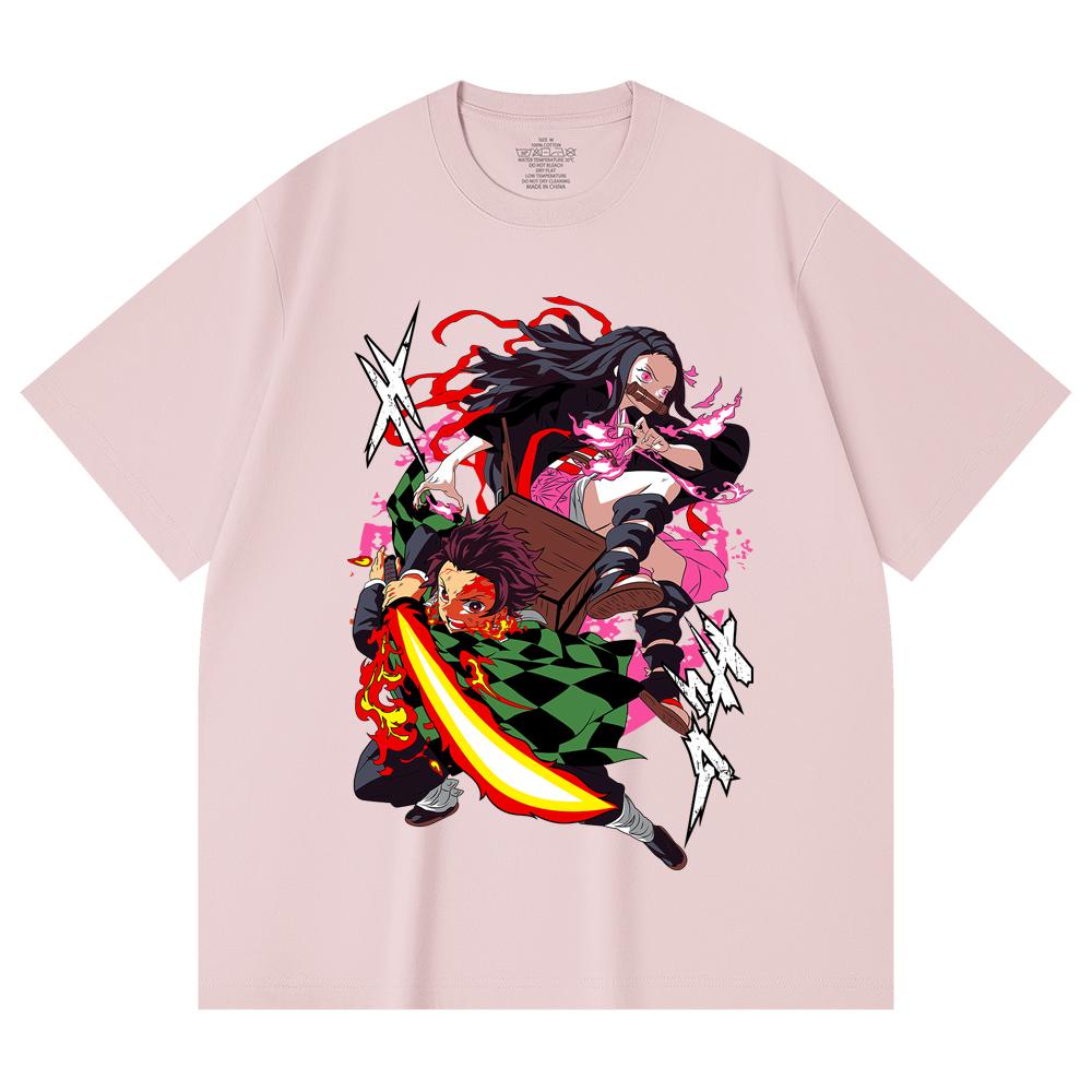 230 Gsm 100% Cotton Demon Slayer V3 Tanjiro Nezuko Print Unisex Heavy Cotton T Shirt