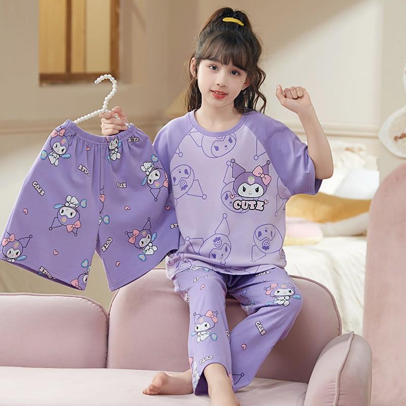 Girls Cotton Pajama Set Lightweight Short Sleeve Long Pants 3-Piece Sleepwear Kids Ages 8