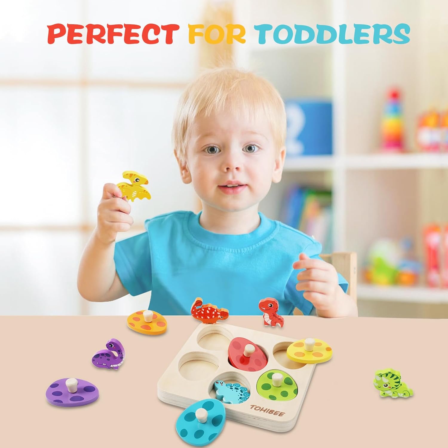 TOHIBEE Wooden Puzzles Montessori Toys for Toddlers 1-3, Dinosaur Eggs Peg Puzzles, Preschool Education Learning Toys for Boys and Girls, 6 Brightly