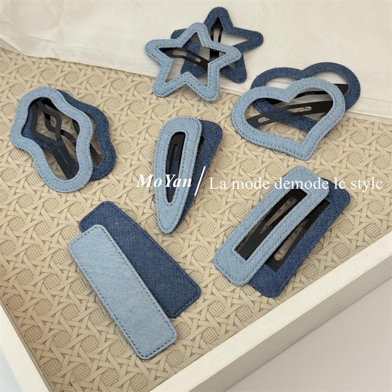 Korean Style Denim Heart & Star Hair Clips - Retro & Versatile Design