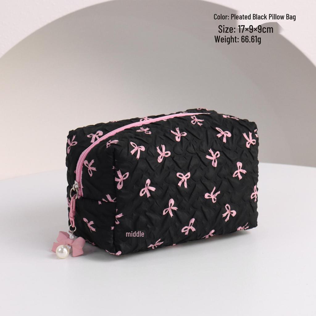 Elegant Pleated Bow Makeup Bag: Chic Design & Convenient Lipstick Clutch for Women