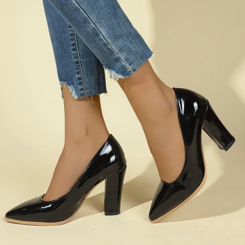 

Fashion Patent Leather High Heels Women Spring New Shallow Block Heel Non-slip Elegant Pointed Toe Shallow Mouth Non-tiring Foot Shoes 43 чёрный