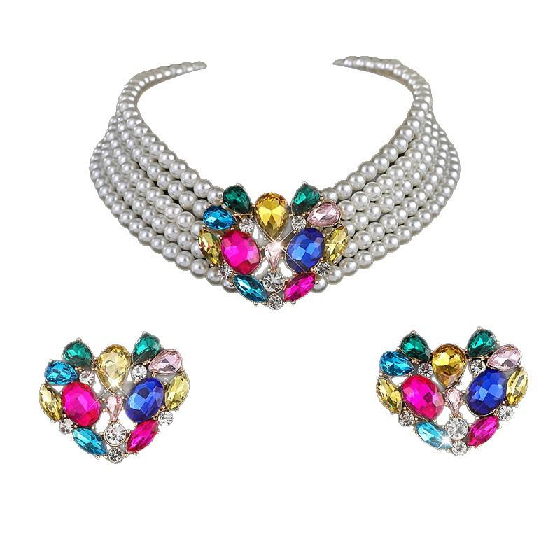 Multi-layer Imitation Pearl Neck Chain Stud Earrings Set, Colorful Bridal Crystal Jewelry Full of Diamond Heart Necklace Women