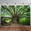 Enchanted Forest Banyan Tapestry, Massive Ancient Tree with Sprawling Branches and Dense Green Foliage, Calming Nature Wall Art