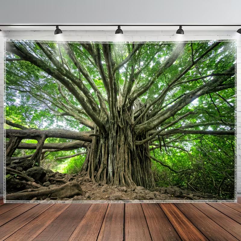 Enchanted Forest Banyan Tapestry, Massive Ancient Tree with Sprawling Branches and Dense Green Foliage, Calming Nature Wall Art