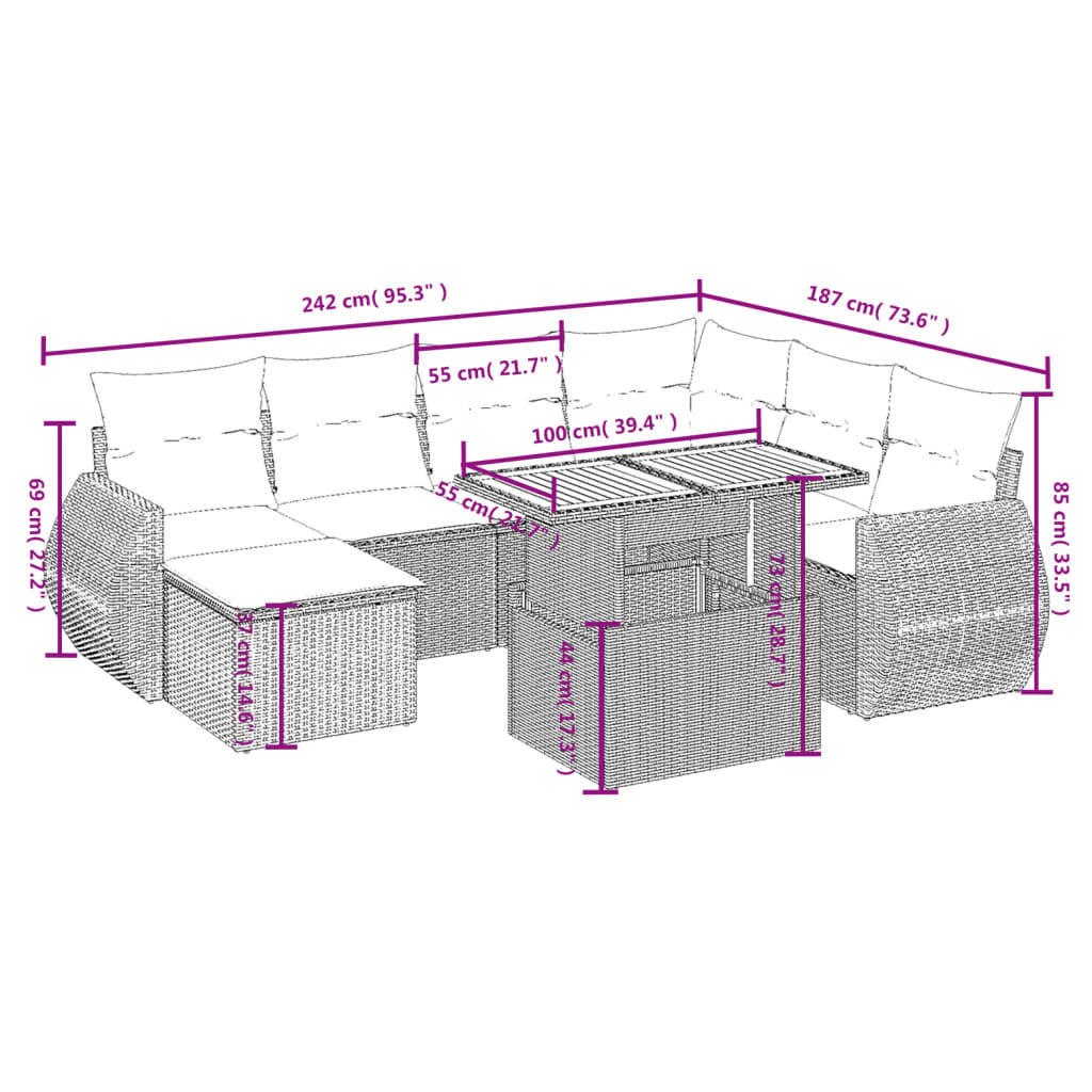 8 Piece Garden Sofa Set with Cushions Gray Poly Rattan
