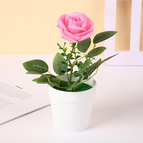 Artificial Potted Rose Desktop Faux Rose Bonsai Reusable Artificial Rose in Flower Pot for Home Office Decor Photography Prop