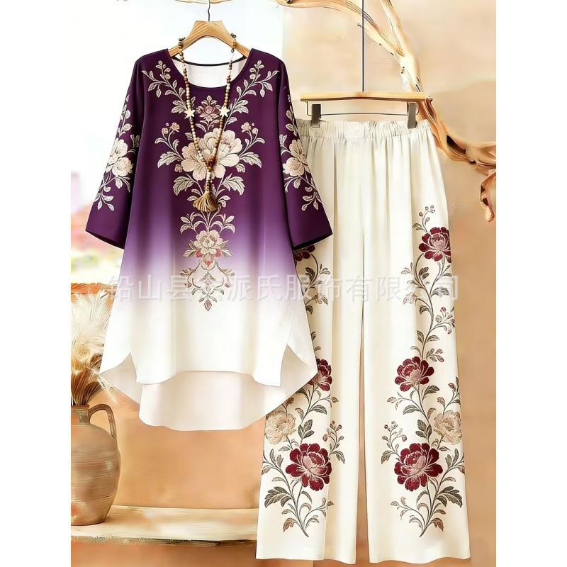 1116 European and American plus-size women's new vintage bohemian style round neck mid-sleeve set