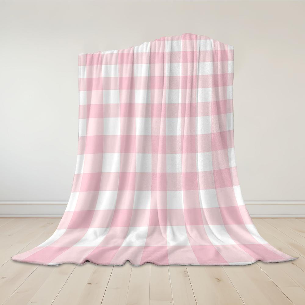 Pink & White Gingham Flannel Blanket Warm Soft Halloween Christmas Couch Warm Cozy Decorative Decor Gift for All Season