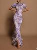 European and American summer printing temperament elegant bubble sleeve floral dress slim irregular fake dress