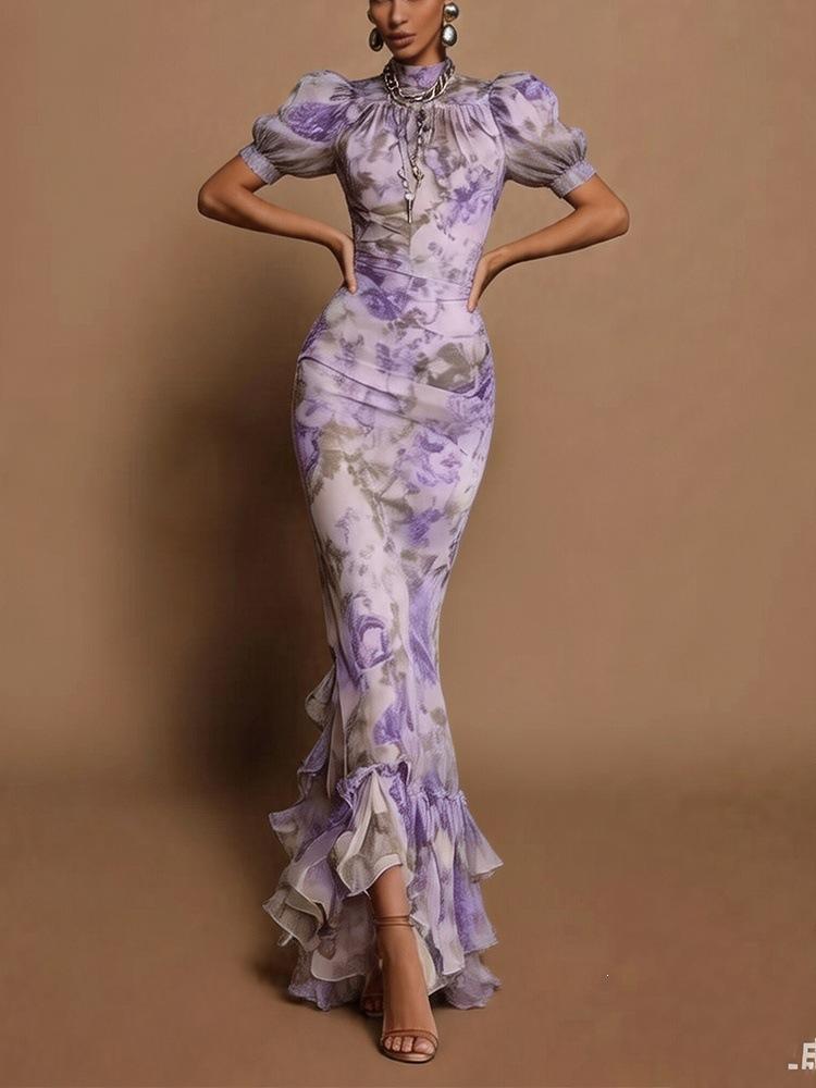European and American summer printing temperament elegant bubble sleeve floral dress slim irregular fake dress