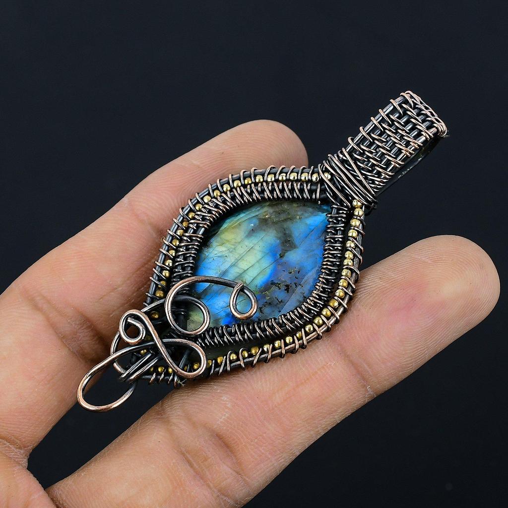 Labradorite Pendant, Handmade Gemstone 999 Copper Wire Wrapped Pendant Antique Jewelry, For Gift Silver Jewelry