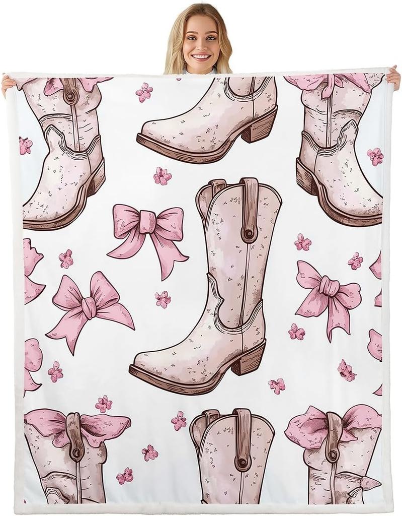 Blue Bow Pattern Blanket Soft Fleece Throw Elegant Home Decor Gift for Women Girls Bedroom Bedding Cover