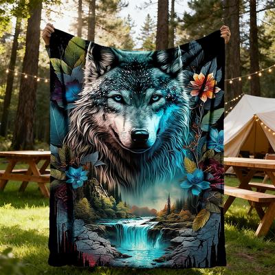 1pc Wolf Fantasy Flannel Blanket, Comfortable and Warm Blanket, for Camping Sofa Bed and Couch Office013