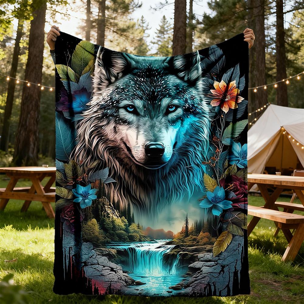 1pc Wolf Fantasy Flannel Blanket, Comfortable and Warm Blanket, for Camping Sofa Bed and Couch Office013